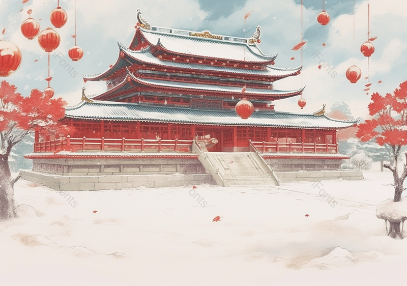 城楼国风大寒节气唯美意境风景插画背景图,插画/手绘图,插画/手绘图库,插画/手绘图下载,插画/手绘